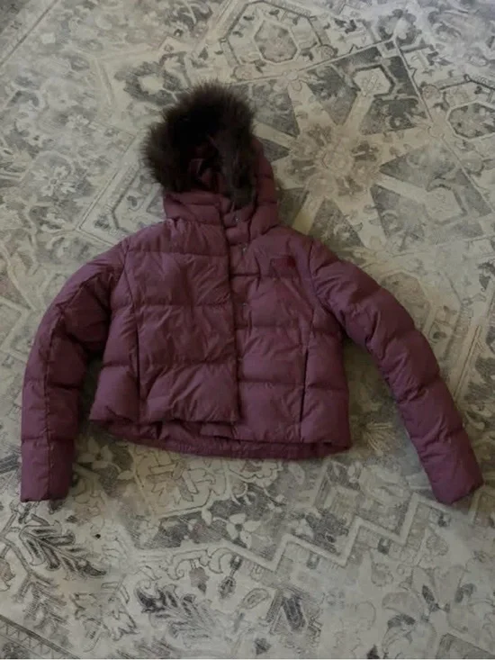 Cropped North Face Puff Jacket with Faux Fur Hood - Plum - Picture 1 of 1